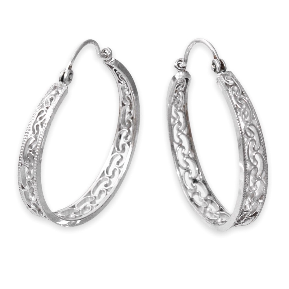 Vintage 14K White Gold Hoop Earrings Cannetille Filigree Openwork 1” Large Hoops